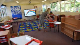 A teacher prepares the classroom