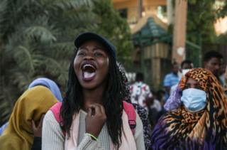 Sudanese protesters chant slogans during a protest in Khartoum, Sudan, 30 June 2020. The protesters gathered on the 31st anniversary of the 1989 military coup that brought ousted President Omar al-Bashir into power. Demonstrators flocked to the capital from far and wide to call for reforms and request justice for those killed in anti-government protests one year earlier during the uprising and coup d"etat that deposed al-Bashir.
