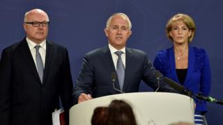 Attorney General George Brandis, Prime Minister Malcolm Turnbull and Employment Minister Michaelia Cash speak at a press conference regarding trade union corruption
