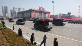 Ground-to-sea Styx missiles are displayed during a military parade in honour of the 100th birthday of the late North Korean leader Kim Il-Sung in Pyongyang on 15 April 2012