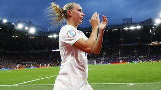 Beth Mead, who scored England's winner, reacts to the crowd during the Euro 2022 opener with Austria
