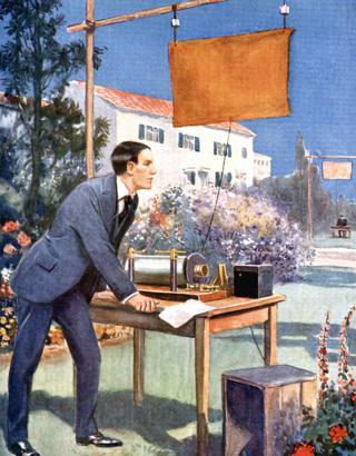 Ilustración de Marconi haciendo experimentos en el jardín