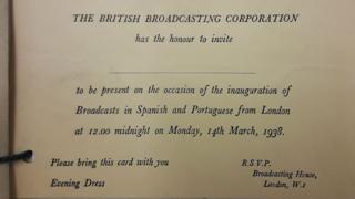 Invitación a la noche de gala en que se inauguró el Servicio Latinoamericano de la BBC en 1938