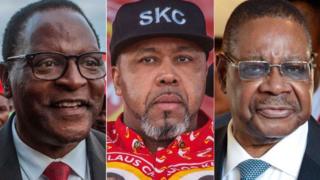 Perezida Peter Mutharika (iburyo) ari guhatana bikomeye na Lazarus Chakwera (ibumoso) na Saulos Chilima (uri hagati)