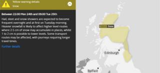 Weather warning - Yellow warning for snow from 22:00 Monday 24th to 09:00 Tuesday 25th