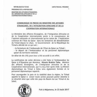 Dans un communiqué du ministère des Affaires Etrangères Ndjamena accuse Doha d'être impliqué dans les tentatives de déstabilisation du Tchad depuis la Libye.