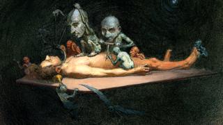 An unconscious naked man, R Cooper, 1912