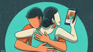 ilustración: pareja usando smartphone.