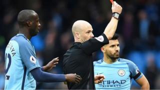 Sergio Aguero receives red card