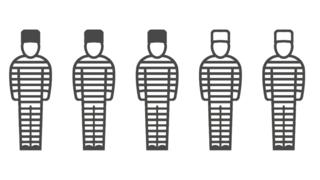 Prisoners wearing black and white hats
