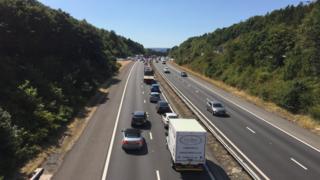 Queuing vehicles on the M4 near Penllergaer
