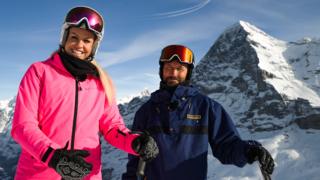 Ed Leigh and Chemmy Alcott pose on a Ski Mountain for Ski Sunday