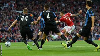 Manchester United forward Memphis Depay scores his first goal for the Old Trafford club