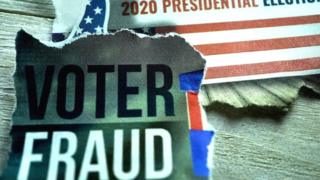 Image showing a newspaper cutting saying "voter fraud" and a US flag with 2020 presidential election written on it