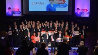 Launch of DUP manifesto for 2016 assembly election. Arlene foster is pictured with party candidates on Stage at the Spectrum Centre.