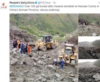Tweet by People's Daily newspaper says: "#BREAKING Over 100 ppl buried after massive landslide at Maoxian County in China's Sichuan Province, rescue underway"