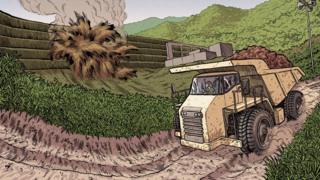 Ilustração de um caminhão de minério trafegando por uma estrada de terra; ao lado, a barragem estourando