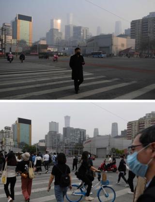 A man crosses a normally busy intersection in Beijing on 11 February, 2020 (top) and people on the same street on 13 May