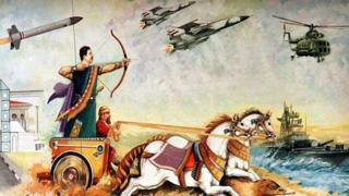 Mural que muestra a Saddam Hussein disparando una flecha a bordo de un carro antiguo tirado por caballos.