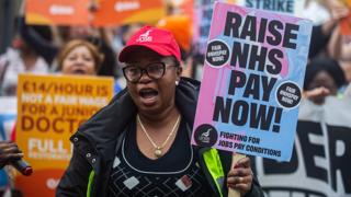triking Junior doctors and consultants organised by the BMA are joined by members of the UNITE trade union, on strike for more pay against the East London NHS Foundation Trust on 20 September 2023