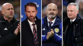 From left to right: Wales manager Rob Page, England boss Gareth Southgate, Scotland manager Steve Clarke and Northern Ireland boss Michael O'Neill