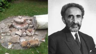 Composite image of broken pieces of a statue of Haile Selassie in Cannizaro Park and a photo of Haile Selassie