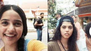 Pantalla dividida de un Nokia 8 mostrando dos amigas
