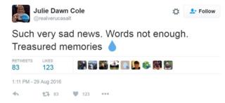 "Such very sad news. Words not enough. Treasure memories."