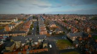 Aerial view of rows of houses