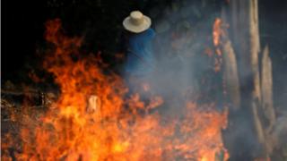 Un hombre detrás de las llamas en la selva amazónica.