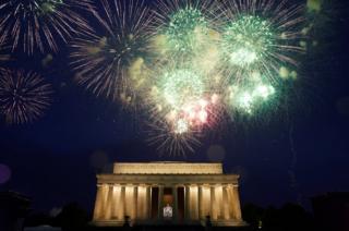 Fireworks are seen over the Lincoln Memorial
