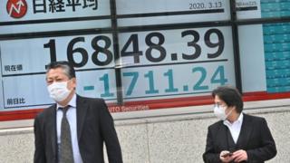 Pedestrians wearing face masks walk past an electronic board showing the numbers for the Nikkei 225 index on the Tokyo Stock Exchange in Tokyo (March 13, 2020)