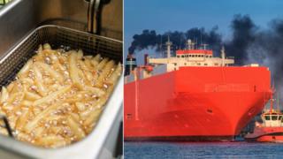 Chip pan next to smoky cargo ship