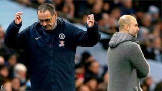Manchester City y'umutoza Pep Guardiola imaze gutsinda ibitego 14 mu mikino itanu yayihuje n'amakipe atozwa na Maurizio Sarri - Napoli mu mwaka w'imikio wa 2017 - 2018, Chelsea mu wa 2018 - 2019