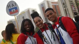 Members of Haiti's Olympic team attend a welcoming ceremony at the Athletes" Village ahead of the Rio 2016 Olympic Games in Rio de Janeiro on August 4, 2016