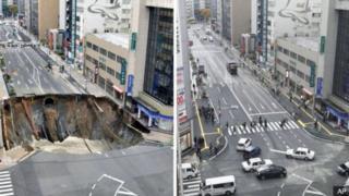 Antes y después de que se abriera un socavón de 30 metros de diámetro en una calle de Fukuoka, en el sudeste de Japón, el 8 de noviembre.