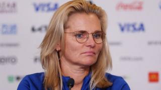 Sarina Wiegman at a press conference in Brisbane