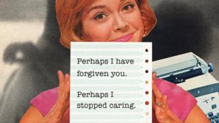 woman holding a piece of paper with the words 'Perhaps I have forgiven you, perhaps I stopped caring'