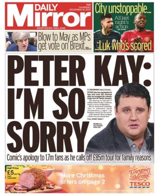 Front page of the Daily Mirror, Thursday 14 December 2017