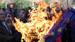 Protesters burning EU flag in Cyprus, 2013 file pic