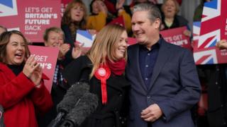 Newly elected Labour MP Sarah Edwards with party leader Sir Keir Starmer at Tamworth Football Club, after winning the Tamworth by-election.