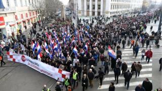People protest against the ratification of the Istanbul Convention in Zagreb, Croatia, on Saturday