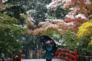 A visitor takes a photo in the snow at the Tsurugaoka Hachimangu Shrine in Kamakura, near Tokyo