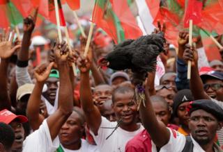 Suporters of Isaias Samakuva (not pictured), the candidate of the UNITA holding a black rooster, the symbol of the party during the closing campaign rally in Luanda, Angola