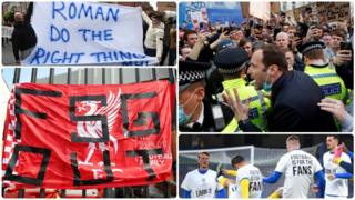 Split picture of fan protests at Stamford Bridge, a banner at Anfield and Brighton players wearing 'Earn It' t-shirts
