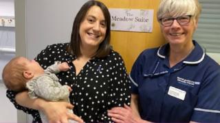 Jenny Watson and her three-month-old daughter Grace for the opening with Kari Kordtomeikel, the hospital bereavement midwife