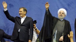 Vice-President Eshaq Jahangiri and President Hassan Rouhani attend a rally in Tehran on 13 May 2017