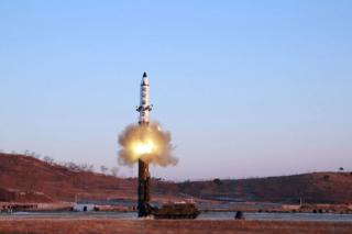 This photo taken on February 12, 2017 and released on February 13 by North Korea's official Korean Central News Agency (KCNA) shows the launch of a surface-to-surface medium long-range ballistic missile Pukguksong-2 at an undisclosed location