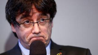 Catalonia's former leader Carles Puigdemont reacts during a news conference in Berlin, Germany, April 7, 2018.