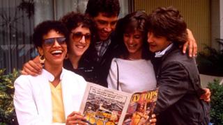 L-R: Debbie Allen, Valerie Landsburg, Billy Hufsey, Cynthia Gibb And Carlo Imperato of Fame in 1984